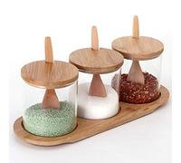 Cocina de cristal caja del condimento con bambú tapa y cucharas - Borrar memoria Envases condimento tarros conjunto con la base de la porción de la especia