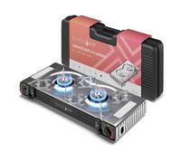 Cocina de gas de 2 fuegos con encendido piezoeléctrico - Cocina de camping con cartuchos de gas MSF-1a 227g - Hornillo de gas - Hornillo camping 2 fuegos - Cocina de camping sin cartuchos de gas