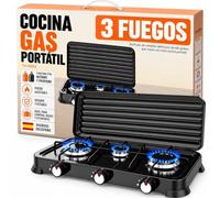 Cocina de Gas Butano HUMPTI - Hornillo Gas Butano, Fogones de Gas Butano, Camping Gas, 3 Quemadores, Portátil, Potencia Ajustable 5.4kW, Compatible Butano y Propano, Compacta y Ligera para Exterior