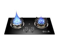 Cocina de gas de doble quemador, placa de vidrio templado de 8 kW para caravanas y apartamentos, rejillas de hierro fundido, encendido piezoeléctrico, compatible con gas natural GLP, protección cont