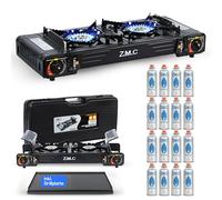Cocina de Gas para Camping Z.M.C Premium con 2 quemadores + Placa de Parrilla + 16 Cartuchos de Gas de 227 g, Cocina de Camping para Exterior e Interior, con Encendido piezoeléctrico