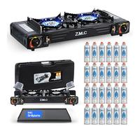 Cocina de Gas para Camping Z.M.C Premium con 2 quemadores + Placa de Parrilla + 24 Cartuchos de Gas de 227 g, Cocina de Camping para Exterior e Interior, con Encendido piezoeléctrico