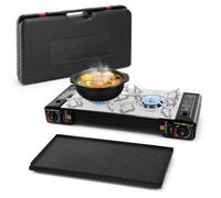 Cocina de Gas Portátil 2 en 1, LENDISIY Hornillo Camping Gas de 2 Quemadores con Placa de Parrilla y Maletín, Fogão de Gás Portátil, Barbacoa Portátil para Camping, Exterior, Interior y Jardín