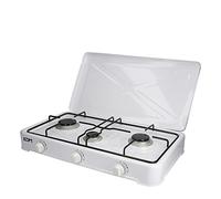 Cocina de Gas Portátil, 3 Fuegos Esmaltada, Blanca, con Quemadores de 50mm/65mm/75mm, Kit Completo con Regulador y Manguera 1,5m