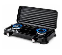Cocina de Gas Portátil de 2 Fogones, Hornillo de Gas con Tapa Metálica y Fuego Ajustable, Compatible con Propano y Butano, 4,4 kW, Cocina Portátil para Exterior, Terraza, Camper(2 Fogones)