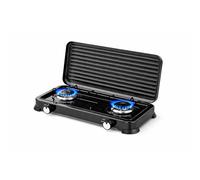 Cocina de gas portátil de 2 fuegos para camping y exterior, hornillo de gas compatible con butano y propano, llama regulable, tapa extraíble, 4,4 kW (2 FUEGOS)
