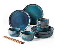 Cocina de la cocina Conjunto de vajillas, juego de vajillas de porcelana, platos de cerámica y tazones, creatividad moderna Vintage Lounge Round Reactive Glaze Stonware Platos para cocina/comedor,