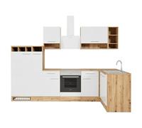 Cocina esquinera Hilde (Ancho: 310 cm, Blanco, Efecto madera, Con electrodomésticos)