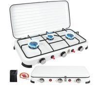 Cocina Gas Portátil 3 Fuegos Eencendido Piezoeléctrico, 5.4kw Camping Hornillo de Gas con Tapa, Exterior Festivales Hornillo Quemador de Gas al Aire Libre (blanco brillante)