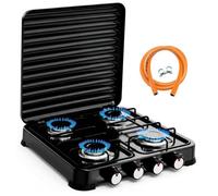 Cocina Hornillo de Gas Portátil 4 Fuegos 8,8kw | Placa de gas con 4 quemadores, Tapa protectora, Para camping y exteriores, Butano y propano, Manguera de presión incluida