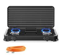 Cocina Hornillo de gas portatil para camping y exterior con 2 quemadores, 30 - 50 mbar, placa de gas con tapa protectora, manguera de presión para butano incluido