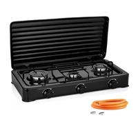 Cocina Hornillo de gas portatil para camping y exterior con 3 quemadores, 30 - 50 mbar, placa de gas con tapa protectora, manguera de presión para butano incluiddo.