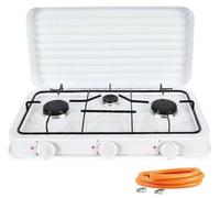 Cocina Hornillo de gas portatil para camping y exterior con 3 quemadores, placa de gas con tapa protectora, manguera de presión para butano incluiddo.