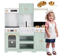 Cocina infantil de madera para jugar con ahorro de espacio, versión delgada y multifuncional con máquina de bebidas y microondas, olla y sartén, 90 x 30 x 98 cm (verde), a partir de 3 años