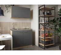 Cocina Mini Singlekueche Pantry Roble Madera Aserrada Áspera Gris Merle 100CM
