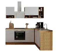 Cocina modular completa esquinera Hilde (An x L: 220 x 172 cm, Blanco, Mate, Efecto madera, Sin electrodomésticos)