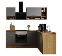 Cocina modular completa esquinera Hilde (An x L: 220 x 172 cm, Gris, Mate, Efecto madera, Sin electrodomésticos)