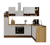 Cocina modular completa esquinera Hilde (An x L: 250 x 172 cm, Blanco, Mate, Efecto madera, Sin electrodomésticos)