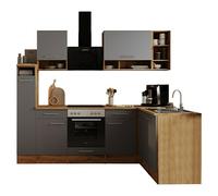 Cocina modular completa esquinera Hilde (An x L: 250 x 172 cm, Gris, Mate, Efecto madera, Sin electrodomésticos)