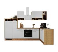 Cocina modular completa esquinera Hilde (An x L: 310 x 172 cm, Blanco, Mate, Efecto madera, Sin electrodomésticos)