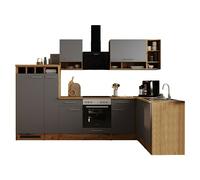 Cocina modular completa esquinera Hilde (An x L: 310 x 172 cm, Gris, Mate, Efecto madera, Sin electrodomésticos)