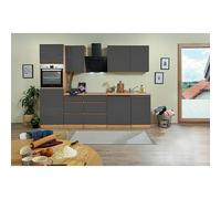 Cocina modular completa Lorena (Ancho: 280 cm, Roble/Gris, Decoración encimera: Efecto madera, Brillo intenso, Sin electrodomésticos)