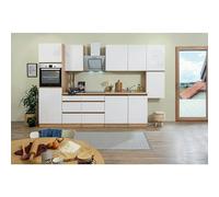 Cocina modular completa Lorena (Ancho: 330 cm, Roble/Blanco, Decoración encimera: Efecto madera, Brillo intenso, Sin electrodomésticos)