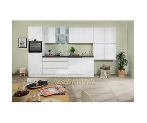 Cocina modular completa Lorena (Ancho: 380 cm, Blanco, Brillo intenso, Decoración encimera: Efecto piedra, Sin electrodomésticos)