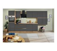 Cocina modular completa Lorena (Ancho: 380 cm, Roble/Gris, Decoración encimera: Efecto madera, Brillo intenso, Sin electrodomésticos)