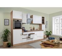 Cocina modular completa Lorena (Ancho: 330 cm, Roble/Blanco, Decoración encimera: Efecto madera, Brillo intenso, Sin electrodomésticos)