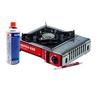 Cocina portátil de gas butano SUPER-EGO para camping. Incluye hornillo de gas, maletín de transporte, un cartucho de butano BTN 250 y boli destornillador de regalo. Adaptada a la nueva norma EN-17476