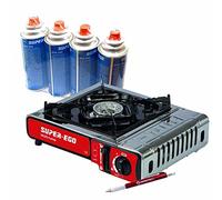 Cocina portátil de gas butano SUPER-EGO para camping. Incluye hornillo de gas, maletín de transporte, 4 cartuchos butano BTN 250. Adaptada a la nueva norma EN-17476 + Regalo Boli nivel/destornillador