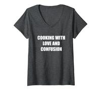 Cocinar con Amor y confusión Camiseta Cuello V, Mujer, Jaspeado Oscuro, L