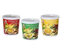 Cock Brand - set de degustación de pastas al curry - paquete de 3 (3 x 400 g) - 3 variedades, 1 lata de pasta de curry roja, verde, amarilla