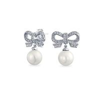 Cocktail De Estilo Victoriano De La Boda De Novia De Cinta Delicada De Circonio Cúbico Blanco Simulado De Perlas CZ Pave Boton Arco Pendientes De Gota Para Las Mujeres De Plata Plateada