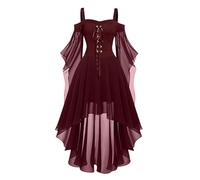 Cocktail Dresses for Women Plus Size Fashion Gothic Midi Dress Croset Long Flared Sleeve Irregular Length Short Chiffon Party(Brick Red,L)