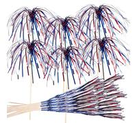 Cocktail Picks, Firework Drink Toppers, Patriotic Toothpicks, Foil Firework Design, Social Media Ready Decor, Party Bbq Drinks Desserts, 9.05 Inches, Red, Blue, Silver, 50 Pieces