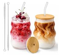 Coco Berming Juego de 2 Vasos de Café Cristal de Burbuja 530ml, Tazas de Vidrio Ondulado con Tapa y Pajita, Vaso Matcha Cristal para Latte, Café Helado y Cócteles, Incluye Cepillo (2)