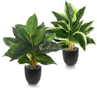Coco Berming Set de 2 Plantas Artificiales en Maceta de Plástico, 39cm Pequeñas Plantas Decorativas para Interior, Escritorio, Salón u Oficina, Estilo Natural Fácil de Cuidar (Borde Blanco + Liso)