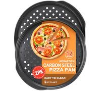 CoCoCherry Paquete de 2 bandejas de pizza de 12 pulgadas, bandejas redondas perforadas para pizza para horno, antiadherentes, con asas extragrandes y base de cojín, sartén de acero al carbono, 32 x 35