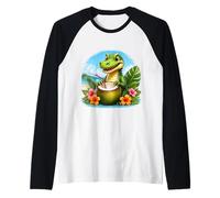 Cocodrilo Divertido en la Playa, Flores Tropicales de Coco Camiseta Manga Raglan