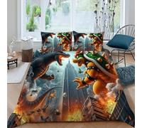 cocodrilo Vs. Godzilla Juego De Fundas De Edredón Monstruo Gigante 3D Microfibra Ropa De Cama De 2 Fundas De Almohada, Niños Niñas, Funda De Edredón Dormitorio Super King（260x220cm）