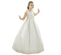 CoCogirls Niñas Blanco Primera Comunión Vestidos Princesa Satén Encaje Niños Media Manga Vestidos de Niña de Flores, Blanco, Aprox.Alter 12