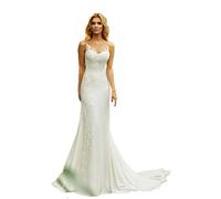 CoCogirls Sirena Vestido de Novia Vintage Cuello Redondo Apliques Playa Gasa Princesa Boho Vestido de Fiesta Baile Noche, Blanco, 34