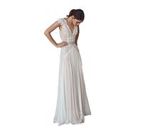 CoCogirls Boho playa Vestidos de novia bohemios vestidos de novia con mangas con cuello en V plisados falda elegante una línea vestidos de novia espalda baja, champán, 40