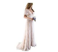 CoCogirls Vestidos de novia de encaje romántico boho ojo de la cerradura de nuevo vestido de novia con mangas casquillo vestidos llenos de encaje país vestido de novia vintage para la novia, champán,