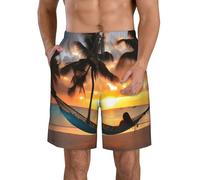 Coconut Beach Sunset Hamaca Estampado Elegante Hombres Pantalones Cortos de Playa Ligero Acogedor Traje de baño Verano Casual Salidas Vacaciones, blanco, S