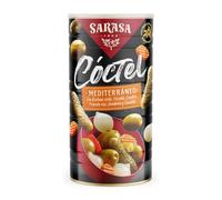 Cóctel Mediterráneo Mix de aceituna verde, cebollita, pepinillo, pimiento, zanahoria y guindilla Sarasa (PESO NETO350g (PESO ESCURRIDO180g), 6 LATAS)