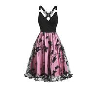 Cóctel Vestidos con Anillo Bordado, Elegante Vestido Sin Mangas con Superposición de Malla en la Espalda Vestidos de Encaje, Rosa, L