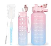 CodiCile 2 botellas de agua sin BPA (2 L + 750 ml), botella de agua deportiva con marcador de tiempo y pajita, incluye cepillo de limpieza, marcador de tiempo motivador grande para gimnasio